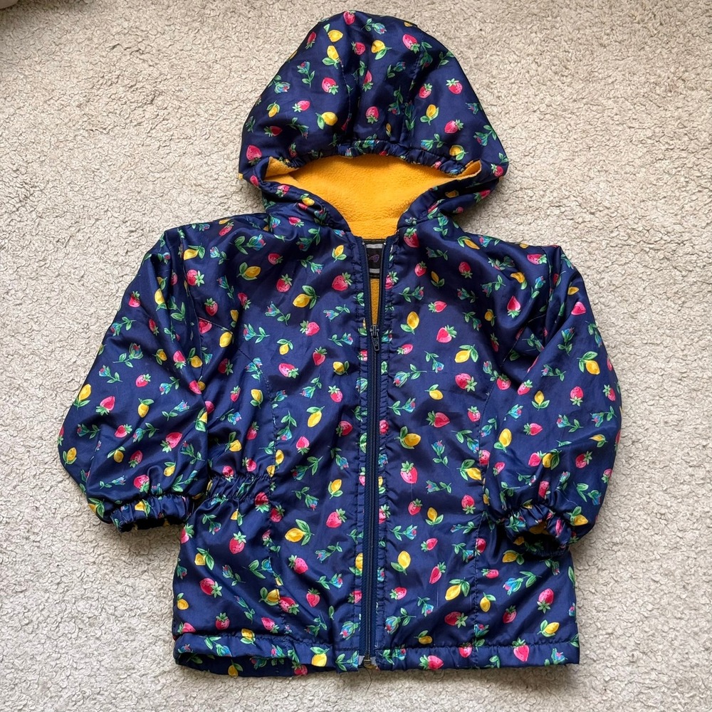 Virage Vintage Girls Navy Blue Strawberry Lemon Print Fleece Lined Hooded Jacket